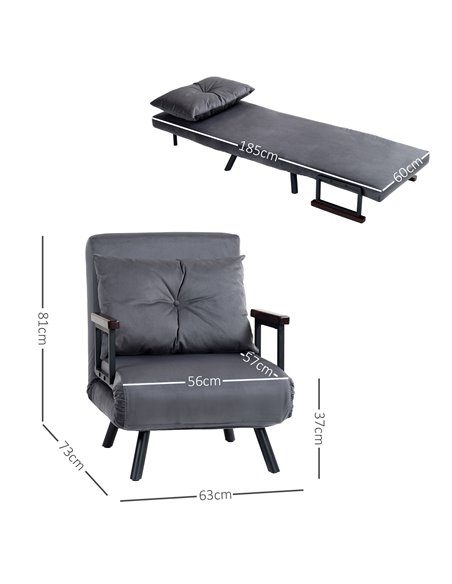 HOMCOM 4-in-1 Velvet-Feel Single Chair Bed, with Pillow - Charcoal Grey 839-834V70CG - pic 93091 | FastDaddyshop