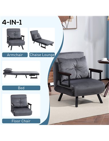 HOMCOM 4-in-1 Velvet-Feel Single Chair Bed, with Pillow - Charcoal Grey 839-834V70CG