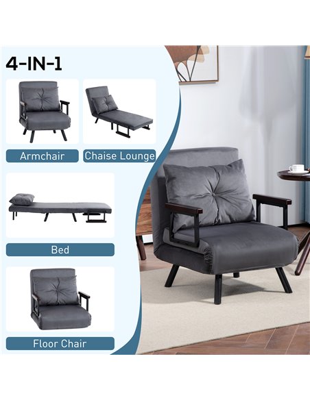 HOMCOM 4-in-1 Velvet-Feel Single Chair Bed, with Pillow - Charcoal Grey 839-834V70CG - pic 93092 | FastDaddyshop