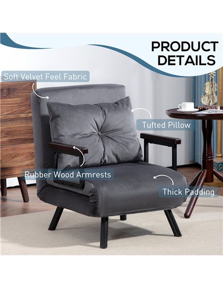 HOMCOM 4-in-1 Velvet-Feel Single Chair Bed, with Pillow - Charcoal Grey 839-834V70CG - pic 93094 | FastDaddyshop