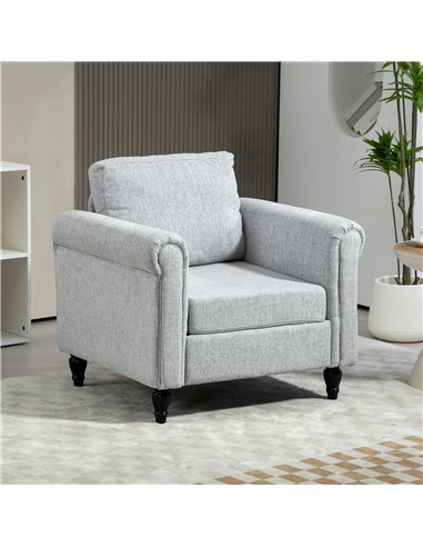 HOMCOM Vintage Accent Chair, Upholstered Occasional Chair with Back Pillow, Rolled Arms, Rubber Wood Legs, Light Grey 839-892V70