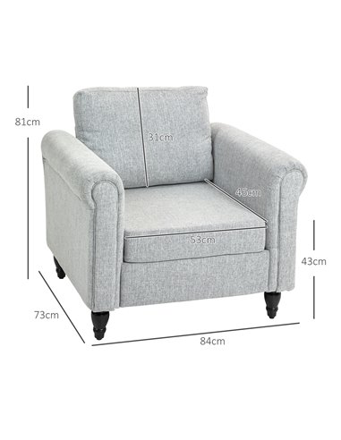 HOMCOM Vintage Accent Chair, Upholstered Occasional Chair with Back Pillow, Rolled Arms, Rubber Wood Legs, Light Grey 839-892V70