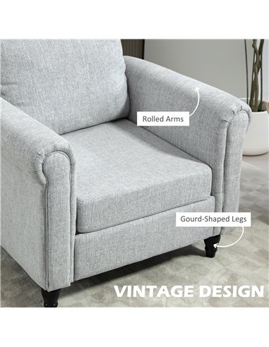 HOMCOM Vintage Accent Chair, Upholstered Occasional Chair with Back Pillow, Rolled Arms, Rubber Wood Legs, Light Grey 839-892V70