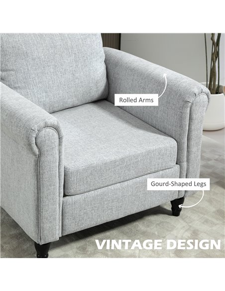 HOMCOM Vintage Accent Chair, Upholstered Occasional Chair with Back Pillow, Rolled Arms, Rubber Wood Legs, Light Grey 839-892V70 - pic 93128 | FastDaddyshop