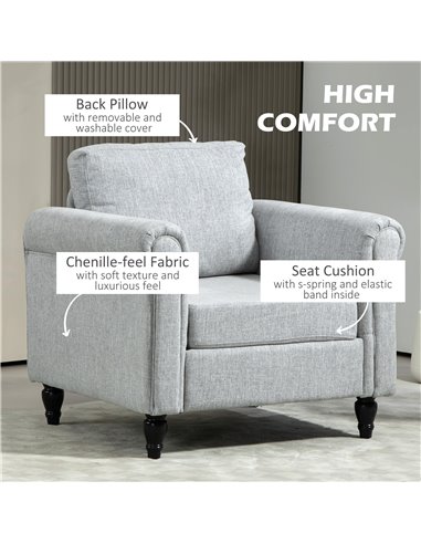 HOMCOM Vintage Accent Chair, Upholstered Occasional Chair with Back Pillow, Rolled Arms, Rubber Wood Legs, Light Grey 839-892V70
