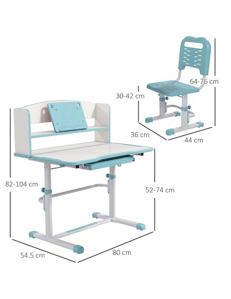 ZONEKIZ Height Adjustable Kids Study Table and Chair Set, with Drawer, Storage Shelf, 80 x 54.5 x 104 cm, Blue 312-106V80BU - pic 93145 | FastDaddyshop
