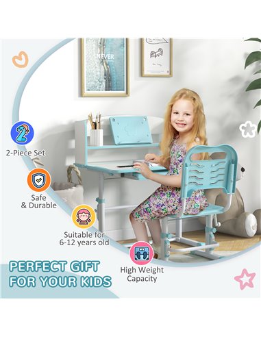 ZONEKIZ Height Adjustable Kids Study Table and Chair Set, with Drawer, Storage Shelf, 80 x 54.5 x 104 cm, Blue 312-106V80BU