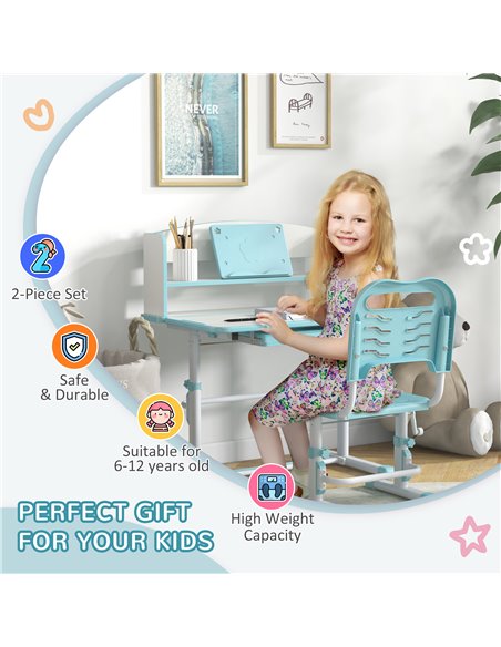 ZONEKIZ Height Adjustable Kids Study Table and Chair Set, with Drawer, Storage Shelf, 80 x 54.5 x 104 cm, Blue 312-106V80BU - pic 93146 | FastDaddyshop