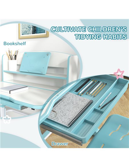 ZONEKIZ Height Adjustable Kids Study Table and Chair Set, with Drawer, Storage Shelf, 80 x 54.5 x 104 cm, Blue 312-106V80BU - pic 93147 | FastDaddyshop