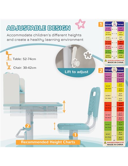 ZONEKIZ Height Adjustable Kids Study Table and Chair Set, with Drawer, Storage Shelf, 80 x 54.5 x 104 cm, Blue 312-106V80BU - pic 93148 | FastDaddyshop