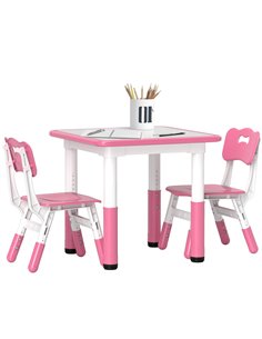 AIYAPLAY Height Adjustable Toddler Table and Chair Set, 3 Pcs Children Activity Table w/ 2 Chairs, for Playroom, Bedroom - Pink 