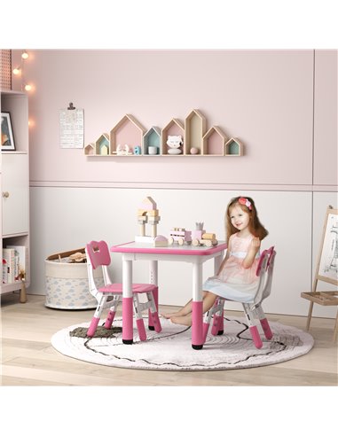 AIYAPLAY Height Adjustable Toddler Table and Chair Set, 3 Pcs Children Activity Table w/ 2 Chairs, for Playroom, Bedroom - Pink 