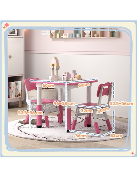 AIYAPLAY Height Adjustable Toddler Table and Chair Set, 3 Pcs Children Activity Table w/ 2 Chairs, for Playroom, Bedroom - Pink  - pic 93172 | FastDaddyshop