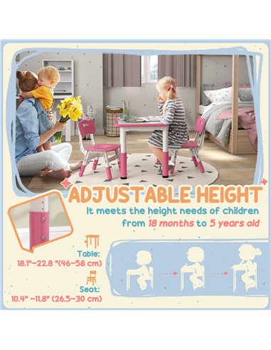 AIYAPLAY Height Adjustable Toddler Table and Chair Set, 3 Pcs Children Activity Table w/ 2 Chairs, for Playroom, Bedroom - Pink 