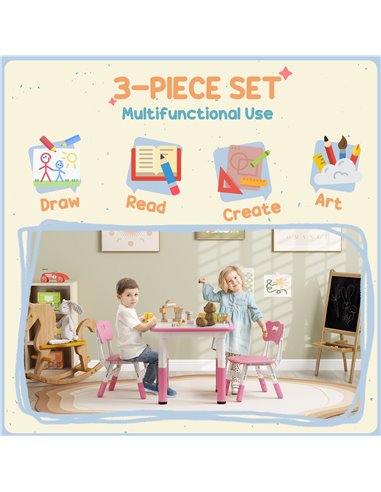 AIYAPLAY Height Adjustable Toddler Table and Chair Set, 3 Pcs Children Activity Table w/ 2 Chairs, for Playroom, Bedroom - Pink 