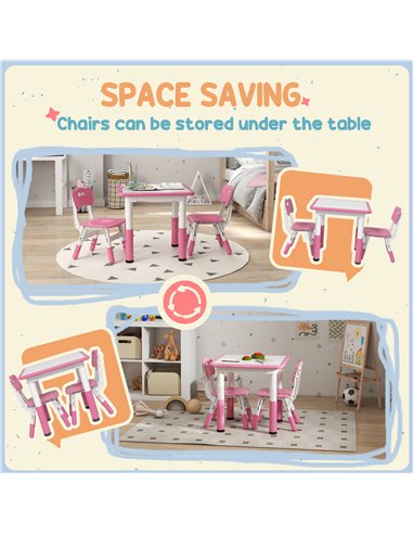AIYAPLAY Height Adjustable Toddler Table and Chair Set, 3 Pcs Children Activity Table w/ 2 Chairs, for Playroom, Bedroom - Pink 