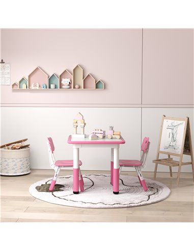 AIYAPLAY Height Adjustable Toddler Table and Chair Set, 3 Pcs Children Activity Table w/ 2 Chairs, for Playroom, Bedroom - Pink 