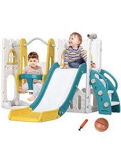 AIYAPLAY 6-in-1 Swing and Slide Set, Kids Playground with Basketball Hoop, Telescope, Storage Space - Yellow 331-053V00YL