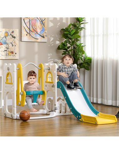AIYAPLAY 6-in-1 Swing and Slide Set, Kids Playground with Basketball Hoop, Telescope, Storage Space - Yellow 331-053V00YL