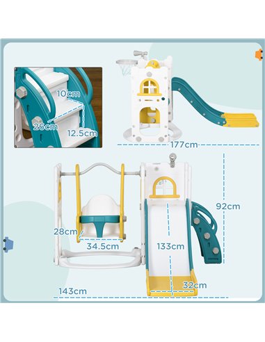 AIYAPLAY 6-in-1 Swing and Slide Set, Kids Playground with Basketball Hoop, Telescope, Storage Space - Yellow 331-053V00YL