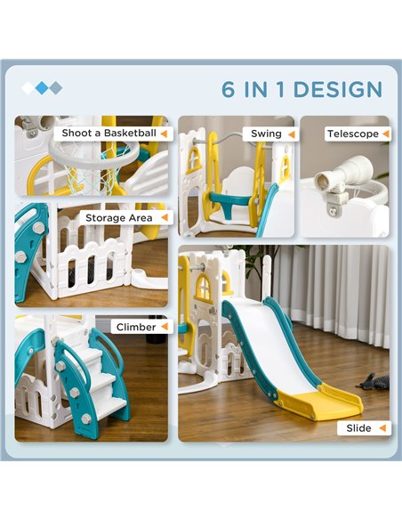 AIYAPLAY 6-in-1 Swing and Slide Set, Kids Playground with Basketball Hoop, Telescope, Storage Space - Yellow 331-053V00YL - pic 93290 | FastDaddyshop