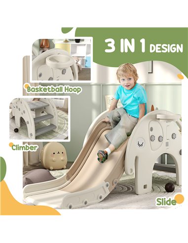 AIYAPLAY 3 in 1 Toddler Slide with Basketball Hoop, Climber, Elephant-Themed, for 1-3 Years, Cream White 331-046V00CW