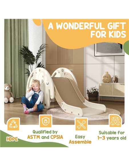 AIYAPLAY 3 in 1 Toddler Slide with Basketball Hoop, Climber, Elephant-Themed, for 1-3 Years, Cream White 331-046V00CW - pic 93321 | FastDaddyshop