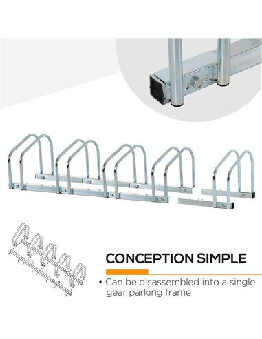 HOMCOM Floor Parking Bike Stand, 5-Bike Capacity, Space-Saving Design, Durable Silver AA0-025