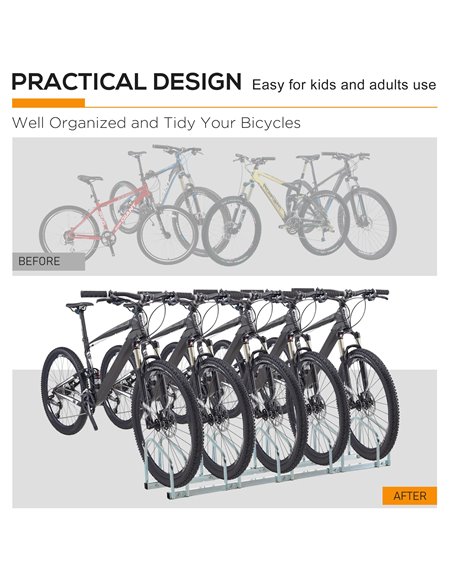 HOMCOM Floor Parking Bike Stand, 5-Bike Capacity, Space-Saving Design, Durable Silver AA0-025 - pic 93365 | FastDaddyshop