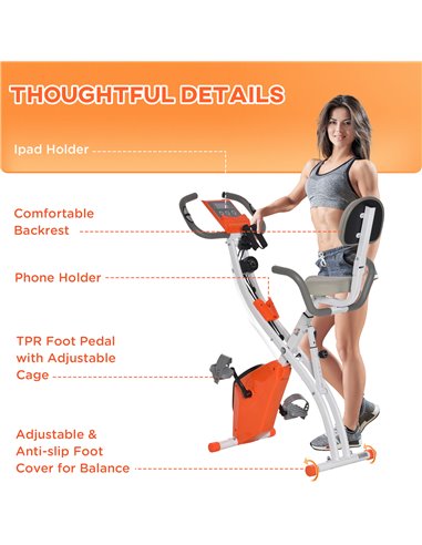 HOMCOM 2-in-1 Upright Exercise Bike Stationary Foldable Magnetic Recumbent Cycling with Arm Resistance Bands Orange A90-196OG