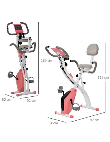 HOMCOM 2-in-1 Upright Exercise Bike Stationary Foldable Magnetic Recumbent Cycling with Arm Resistance Bands Pink A90-196PK
