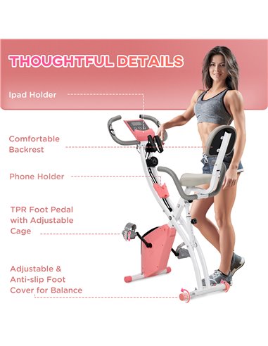 HOMCOM 2-in-1 Upright Exercise Bike Stationary Foldable Magnetic Recumbent Cycling with Arm Resistance Bands Pink A90-196PK