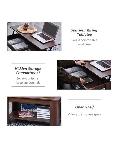 HOMCOM Modern Lift Up Top Coffee Table Desk Hidden Storage Bottom Shelf  100W x 50D x 63H cm