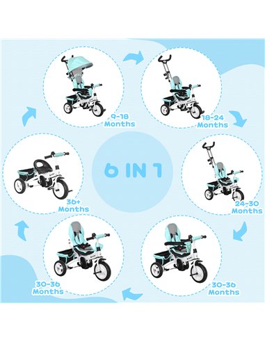 HOMCOM 6 in 1 Kids Trike Push Bike w/ Push Handle, Canopy, 5-point Safety Belt, Storage, Footrest, Brake, for 1-5 Years, Green 3