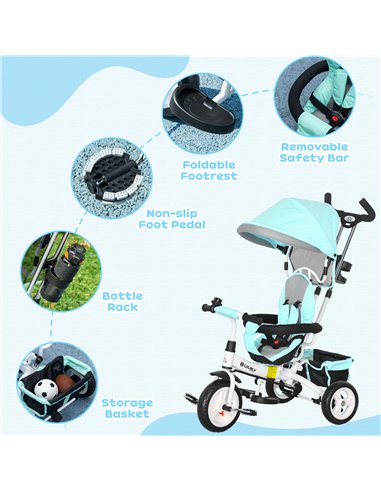 HOMCOM 6 in 1 Kids Trike Push Bike w/ Push Handle, Canopy, 5-point Safety Belt, Storage, Footrest, Brake, for 1-5 Years, Green 3