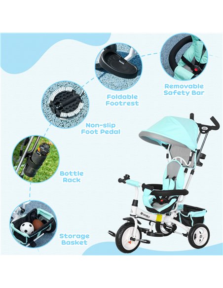 HOMCOM 6 in 1 Kids Trike Push Bike w/ Push Handle, Canopy, 5-point Safety Belt, Storage, Footrest, Brake, for 1-5 Years, Green 3 - pic 93787 | FastDaddyshop