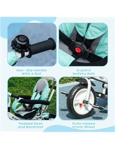 HOMCOM 6 in 1 Kids Trike Push Bike w/ Push Handle, Canopy, 5-point Safety Belt, Storage, Footrest, Brake, for 1-5 Years, Green 3