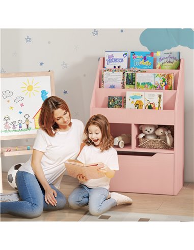 HOMCOM Kids Bookshelf, Toy Organiser, with Storage Drawer, Wheels - Pink 311-048V80PK