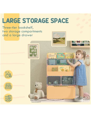 HOMCOM Kids Bookshelf, Toy Organiser, with Storage Drawer, Wheels - Pink 311-048V80PK