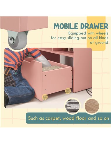 HOMCOM Kids Bookshelf, Toy Organiser, with Storage Drawer, Wheels - Pink 311-048V80PK