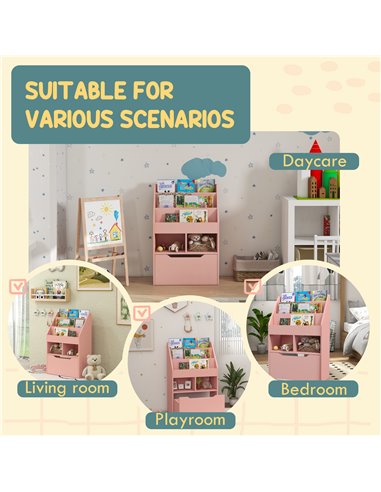HOMCOM Kids Bookshelf, Toy Organiser, with Storage Drawer, Wheels - Pink 311-048V80PK