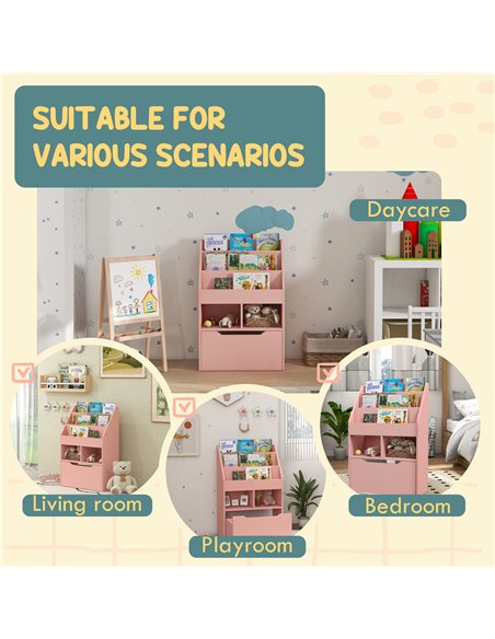 HOMCOM Kids Bookshelf, Toy Organiser, with Storage Drawer, Wheels - Pink 311-048V80PK - pic 93806 | FastDaddyshop