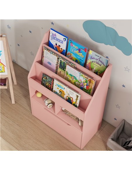 HOMCOM Kids Bookshelf, Toy Organiser, with Storage Drawer, Wheels - Pink 311-048V80PK - pic 93808 | FastDaddyshop