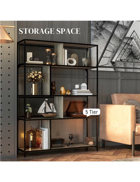 HOMCOM 5 Tier Book Shelf with Sliding Mesh Doors, Industrial Storage Shelves, Metal Shelving Unit for Living Room, Study, Bedroo - pic 93822 | FastDaddyshop