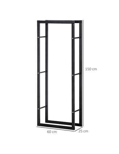 HOMCOM Metal Firewood Log Holder Tall Firewood Rack Indoor Outdoor Fireplace Wood Storage Shelf, Black, 60Wx25Dx150Hcm 820-148