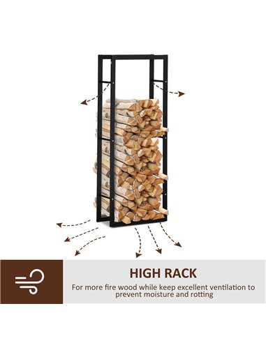 HOMCOM Metal Firewood Log Holder Tall Firewood Rack Indoor Outdoor Fireplace Wood Storage Shelf, Black, 60Wx25Dx150Hcm 820-148