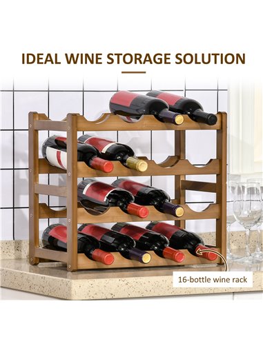 HOMCOM Free Standing Bamboo Wine Rack with 16 Bottles Holder, 4-tier Water Bottle Organizer, Display Shelf for Countertop, Home 