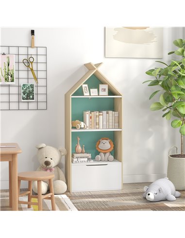 AIYAPLAY Kids Bookshelf with 3 Shelves, Drawer, Anti-tip Device, Anti-Slip Foot Cover, for Kids Room, Green 311-069V80GN