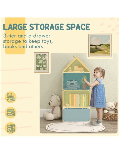 AIYAPLAY Kids Bookshelf with 3 Shelves, Drawer, Anti-tip Device, Anti-Slip Foot Cover, for Kids Room, Green 311-069V80GN