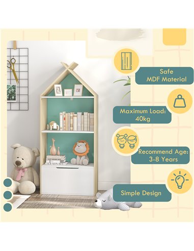 AIYAPLAY Kids Bookshelf with 3 Shelves, Drawer, Anti-tip Device, Anti-Slip Foot Cover, for Kids Room, Green 311-069V80GN